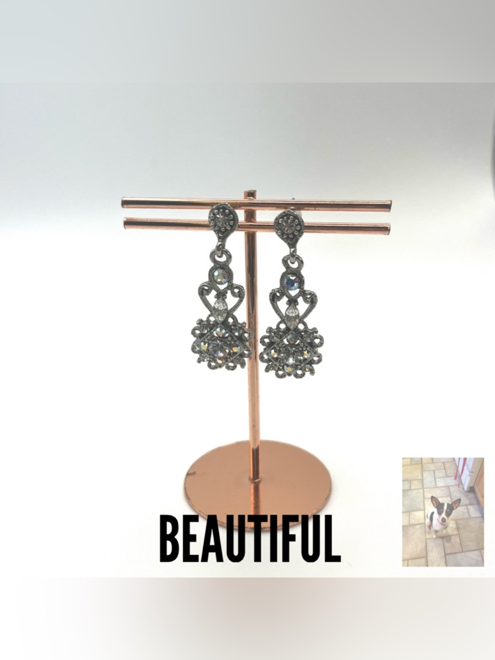 Silver Tone AB Rhinestone Pierced Drop Earrings